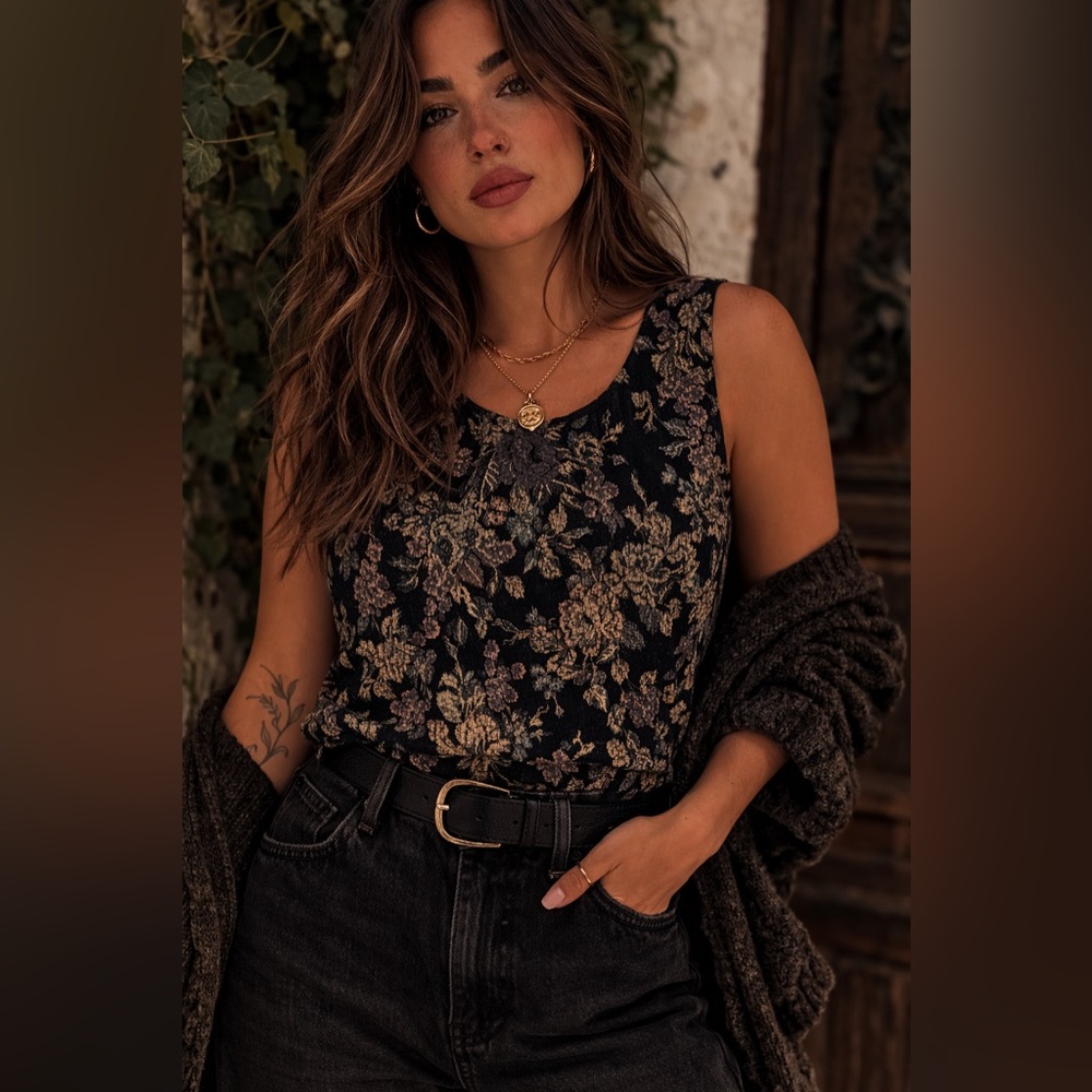 Vintage Black Floral Tank Top with Gold and Cream Bouquet Print